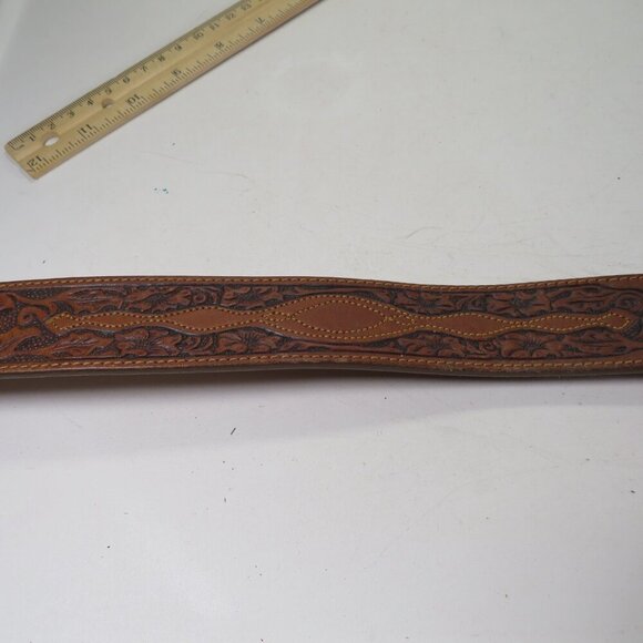 Brown Leather Belt USA tooled & stitched detail size 38 and 1 1/2" wide Western - Picture 3 of 9